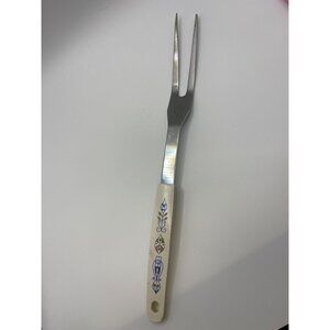 Vintage Stainless Steel Meat Fork With Decorative White Handle & Blue Floral Pat